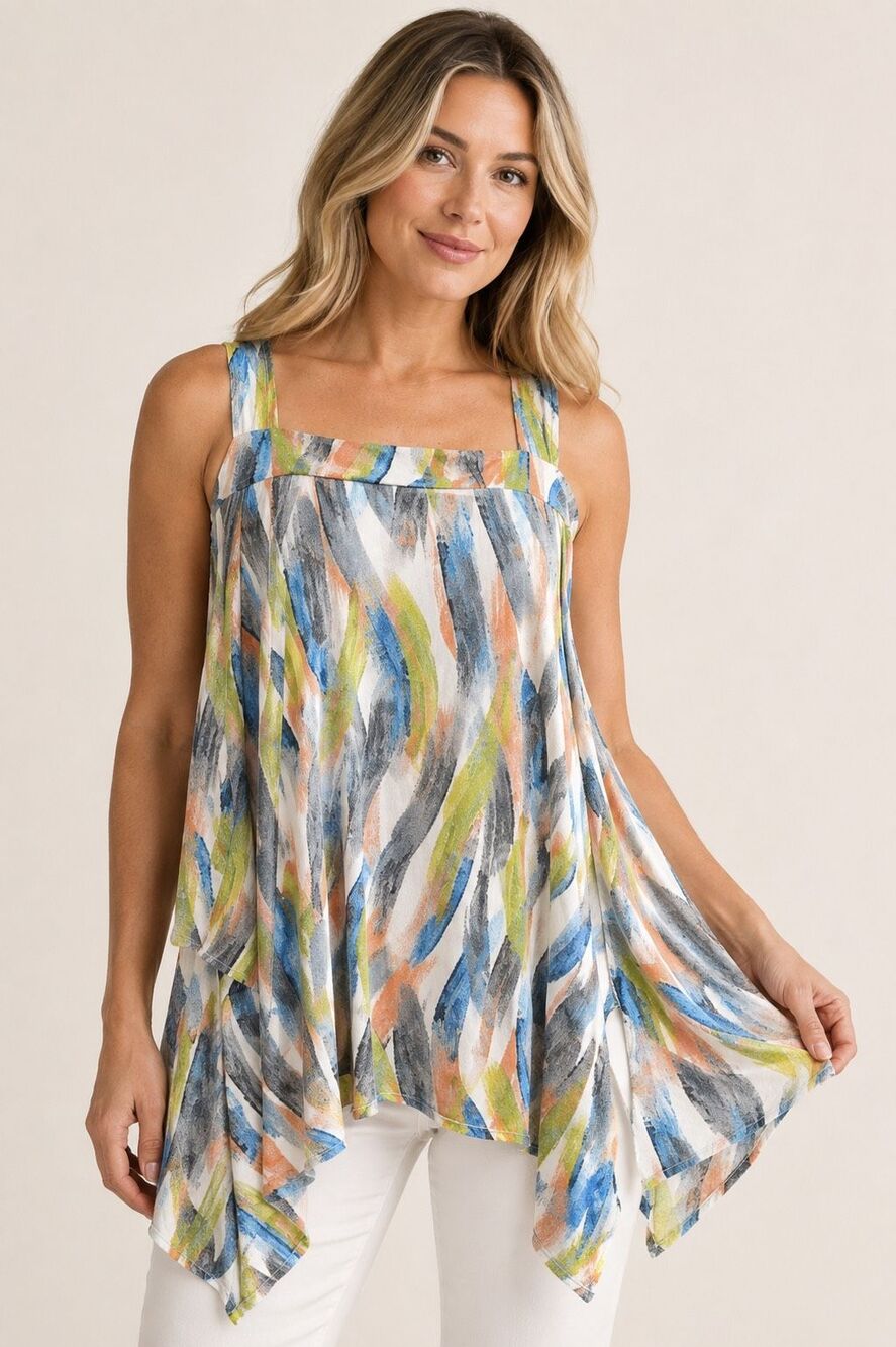 Caribe USA Abstract Watercolor Asymmetrical Handkerchief Hem Sleeveless Tunic